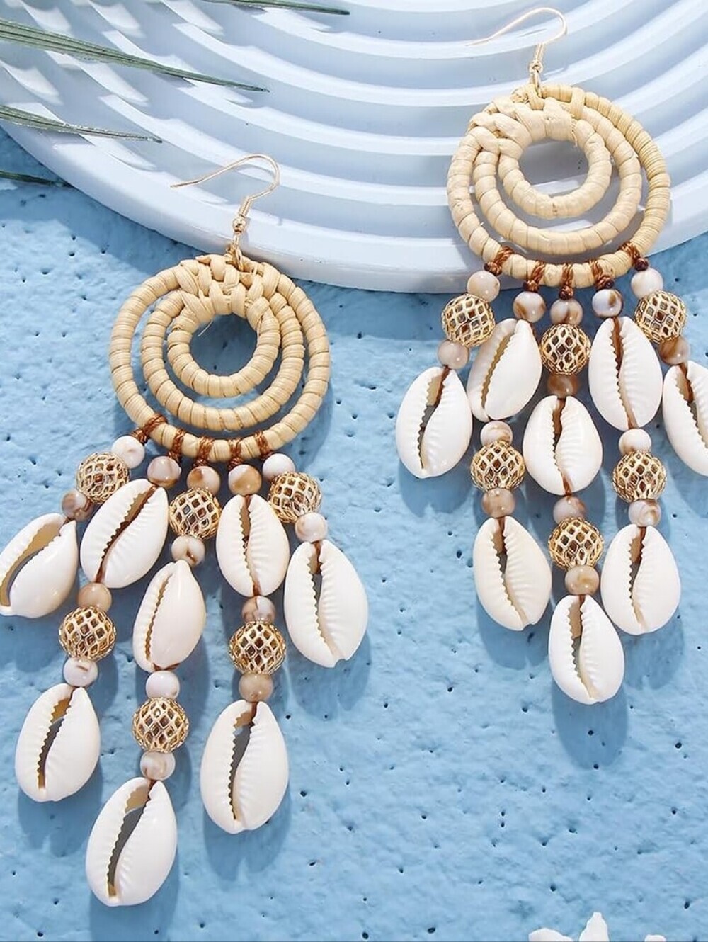 Statement Boho Rattan Shell Dangle Earrings